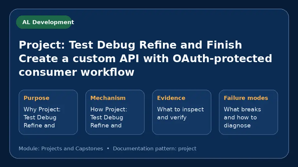 Concept map for Project: Test Debug Refine and Finish Create a custom API with OAuth-protected consumer workflow showing purpose, mechanism, verification evidence and failure modes.