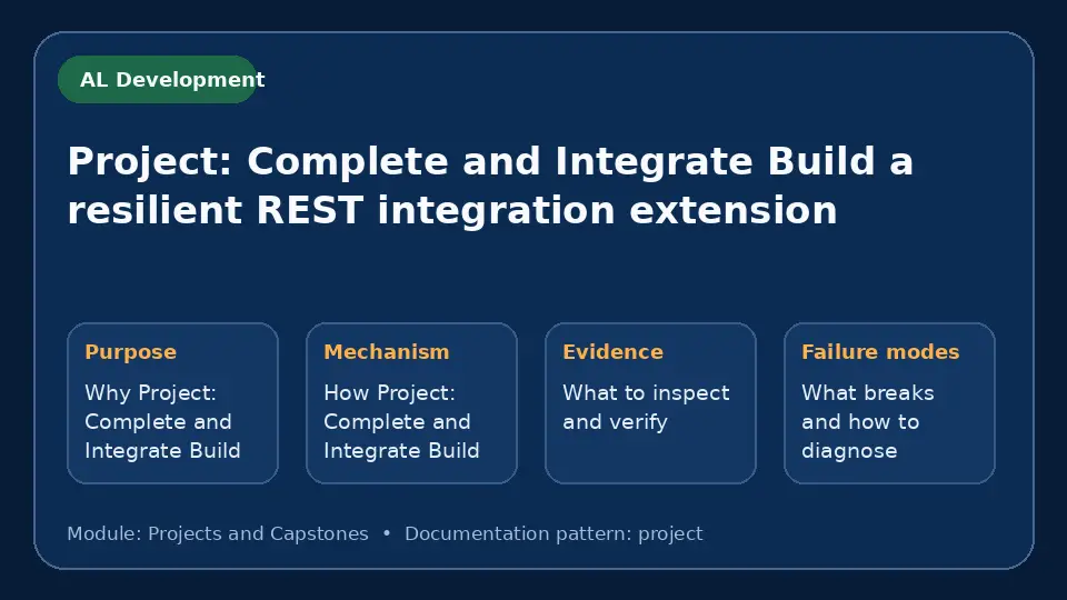 Concept map for Project: Complete and Integrate Build a resilient REST integration extension showing purpose, mechanism, verification evidence and failure modes.