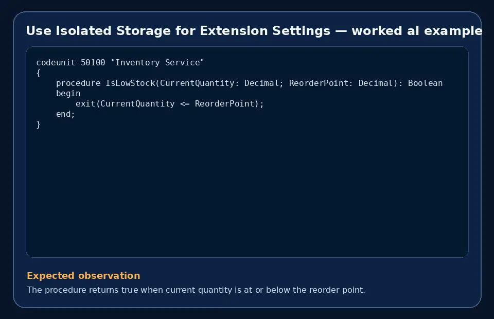 Code example for Use Isolated Storage for Extension Settings with the expected observation.
