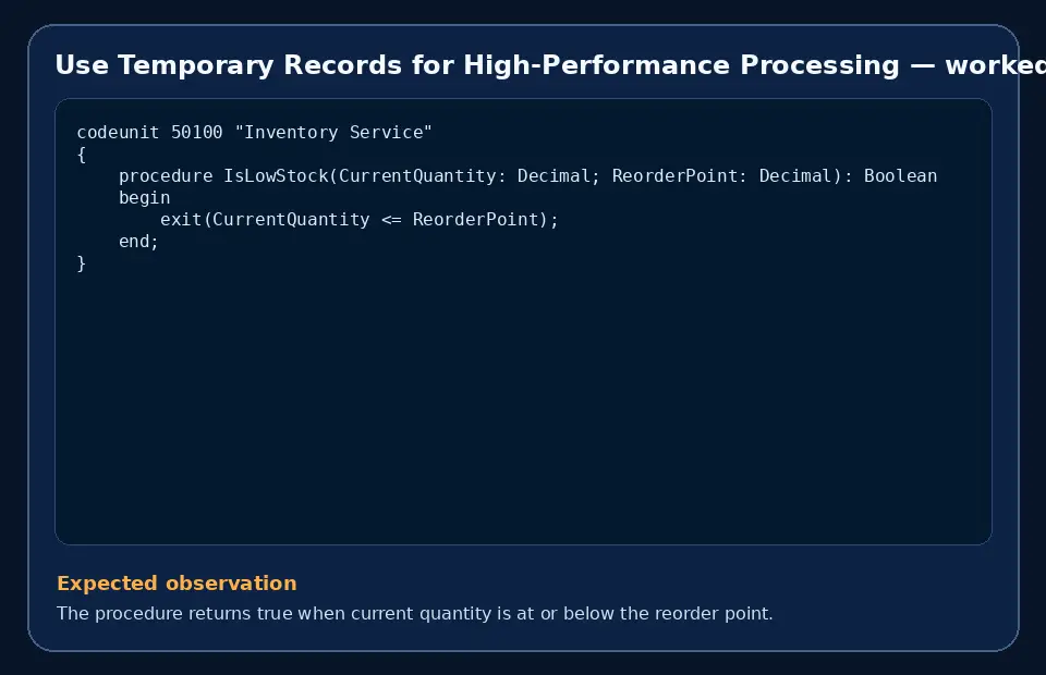Code example for Use Temporary Records for High-Performance Processing with the expected observation.
