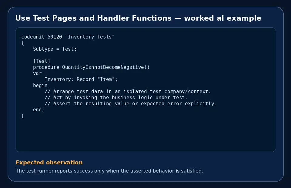 Code example for Use Test Pages and Handler Functions with the expected observation.