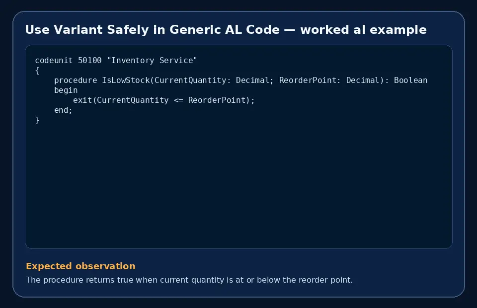Code example for Use Variant Safely in Generic AL Code with the expected observation.