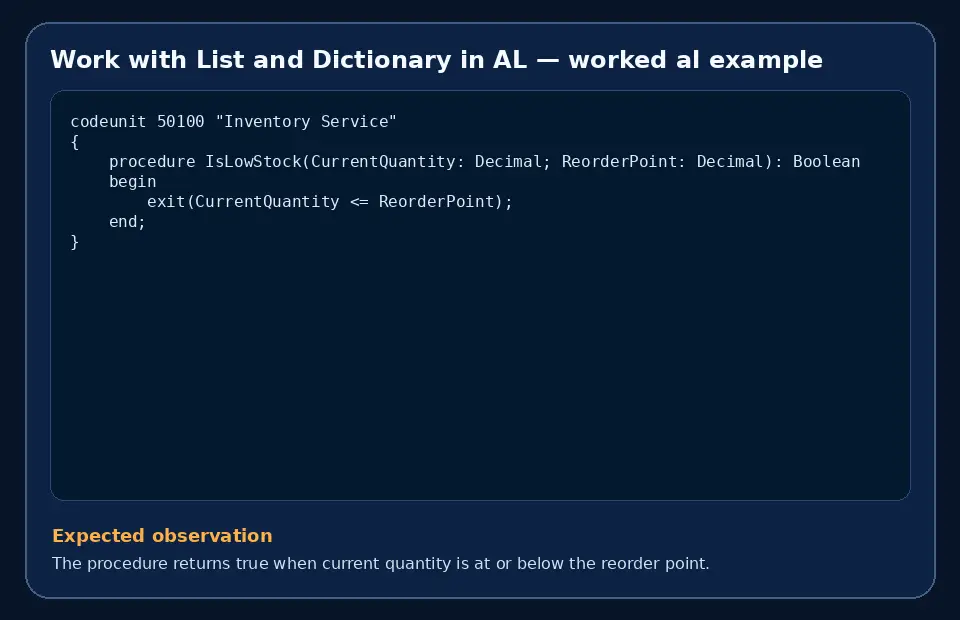 Code example for Work with List and Dictionary in AL with the expected observation.
