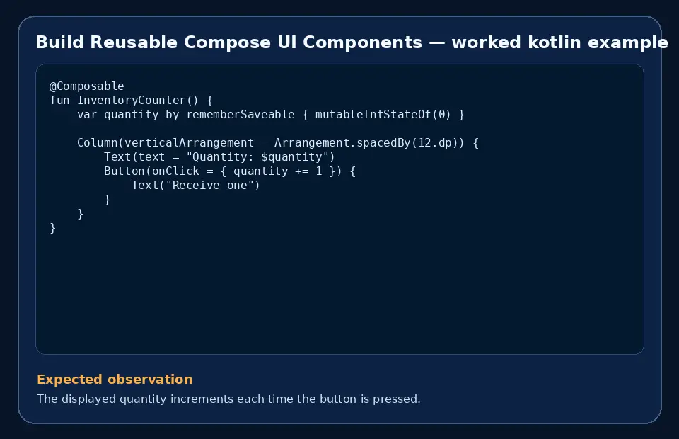 Code example for Build Reusable Compose UI Components with the expected observation.