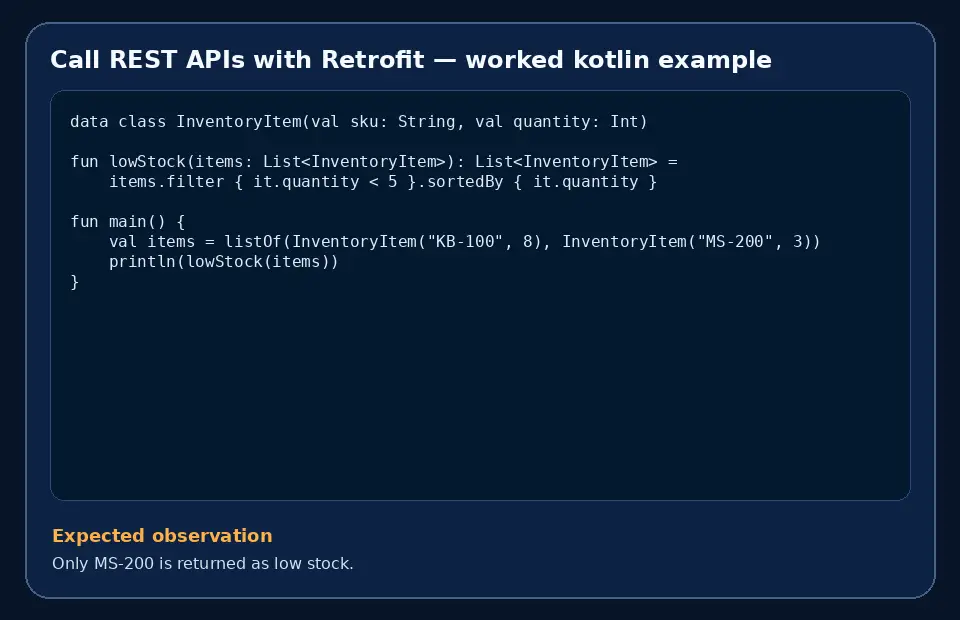 Code example for Call REST APIs with Retrofit with the expected observation.