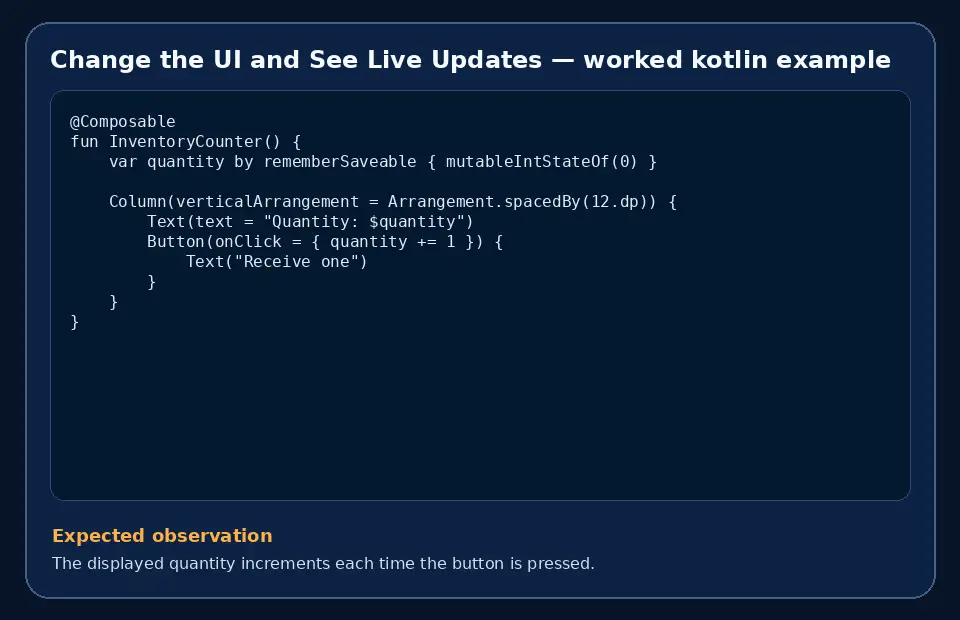 Code example for Change the UI and See Live Updates with the expected observation.