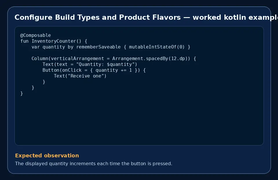 Code example for Configure Build Types and Product Flavors with the expected observation.