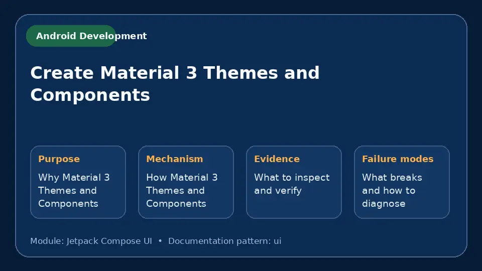 Concept map for Create Material 3 Themes and Components showing purpose, mechanism, verification evidence and failure modes.