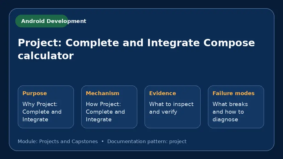 Concept map for Project: Complete and Integrate Compose calculator showing purpose, mechanism, verification evidence and failure modes.