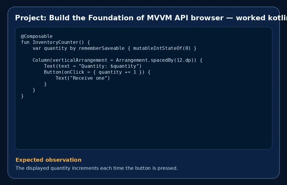 Code example for Project: Build the Foundation of MVVM API browser with the expected observation.