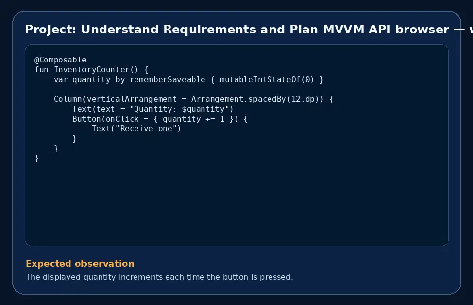 Code example for Project: Understand Requirements and Plan MVVM API browser with the expected observation.