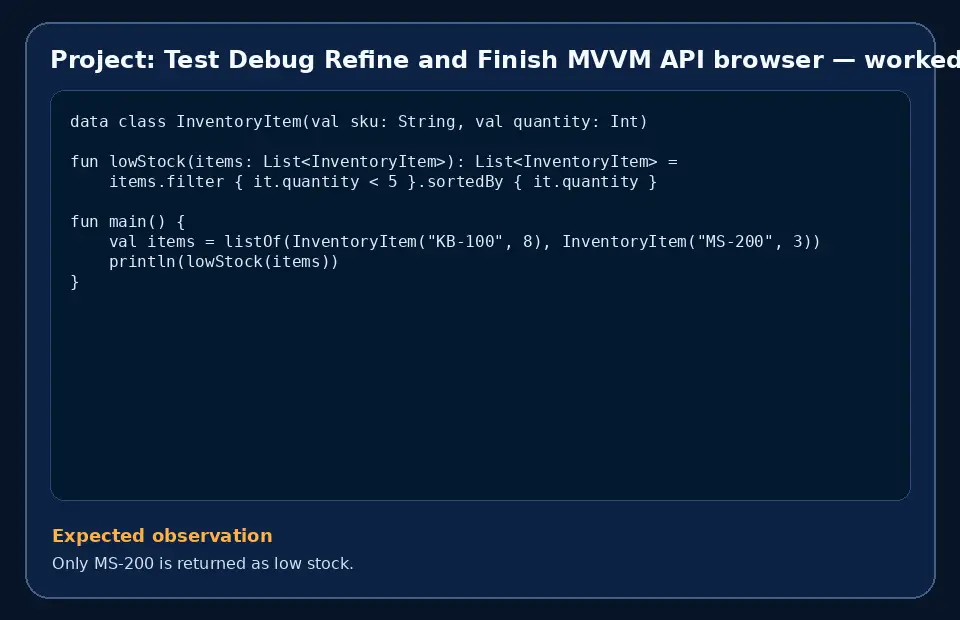 Code example for Project: Test Debug Refine and Finish MVVM API browser with the expected observation.