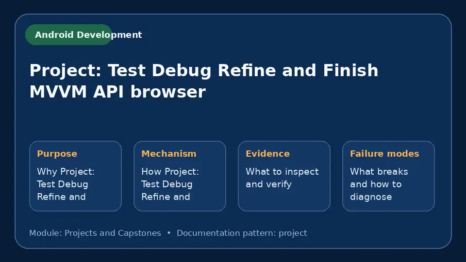 Concept map for Project: Test Debug Refine and Finish MVVM API browser showing purpose, mechanism, verification evidence and failure modes.
