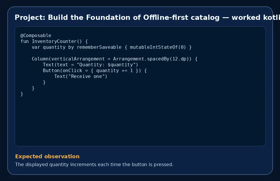 Code example for Project: Build the Foundation of Offline-first catalog with the expected observation.