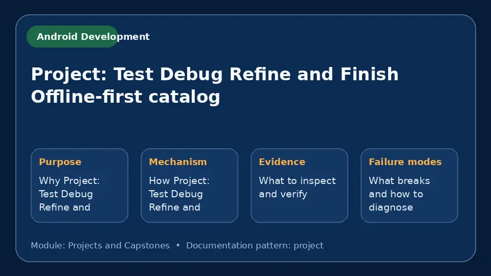 Concept map for Project: Test Debug Refine and Finish Offline-first catalog showing purpose, mechanism, verification evidence and failure modes.