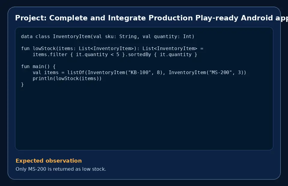 Code example for Project: Complete and Integrate Production Play-ready Android app with the expected observation.