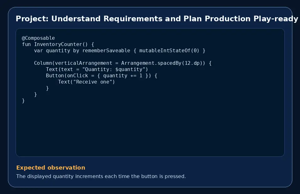 Code example for Project: Understand Requirements and Plan Production Play-ready Android app with the expected observation.