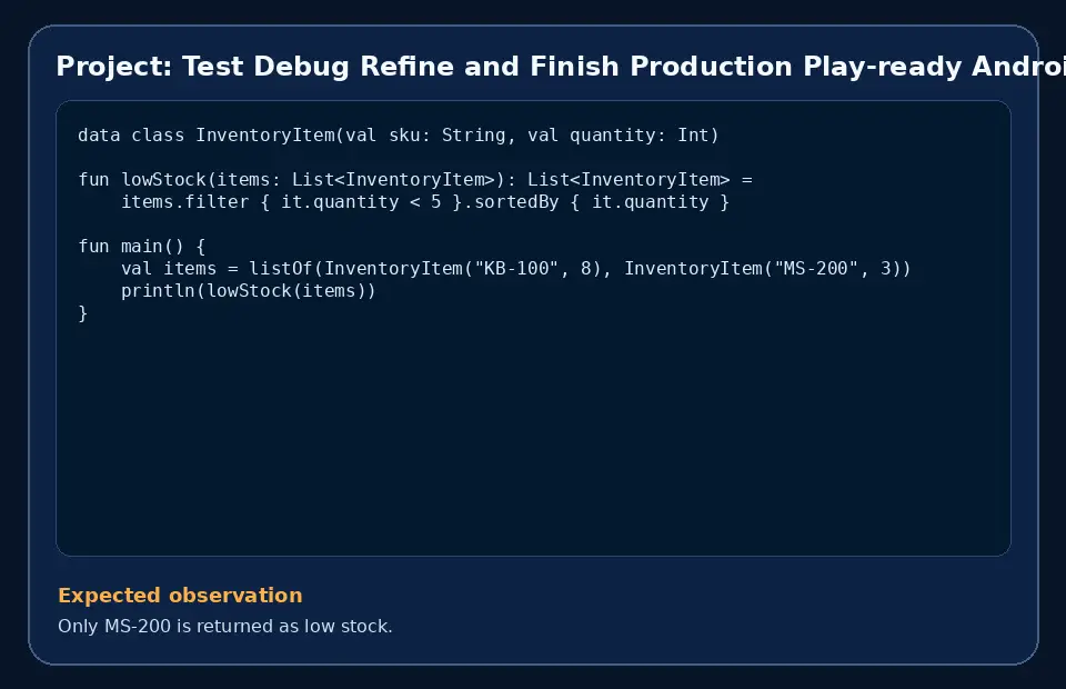 Code example for Project: Test Debug Refine and Finish Production Play-ready Android app with the expected observation.