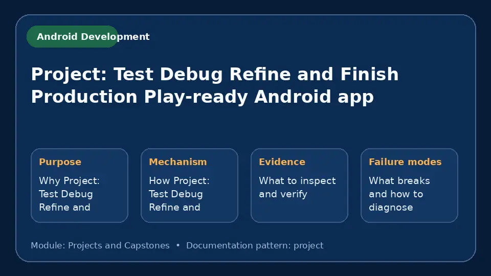 Concept map for Project: Test Debug Refine and Finish Production Play-ready Android app showing purpose, mechanism, verification evidence and failure modes.