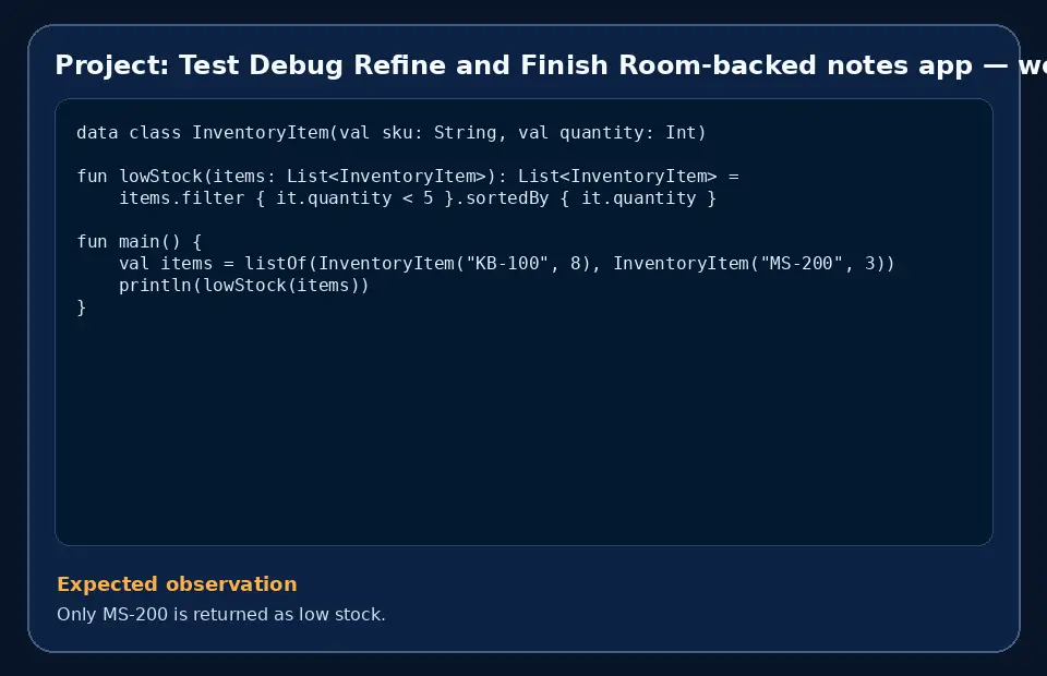 Code example for Project: Test Debug Refine and Finish Room-backed notes app with the expected observation.