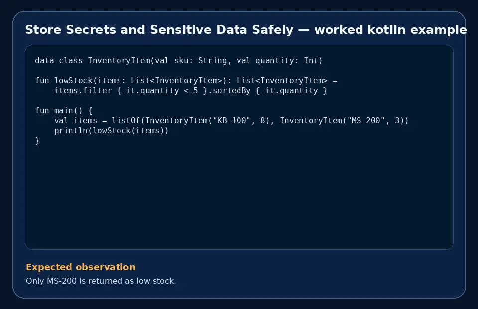 Code example for Store Secrets and Sensitive Data Safely with the expected observation.