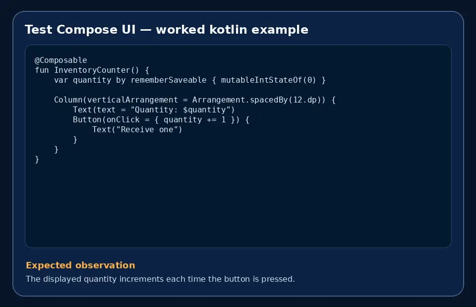 Code example for Test Compose UI with the expected observation.