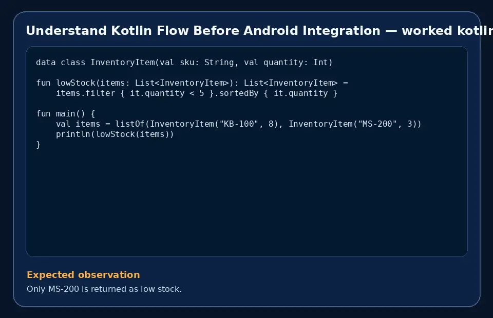 Code example for Understand Kotlin Flow Before Android Integration with the expected observation.