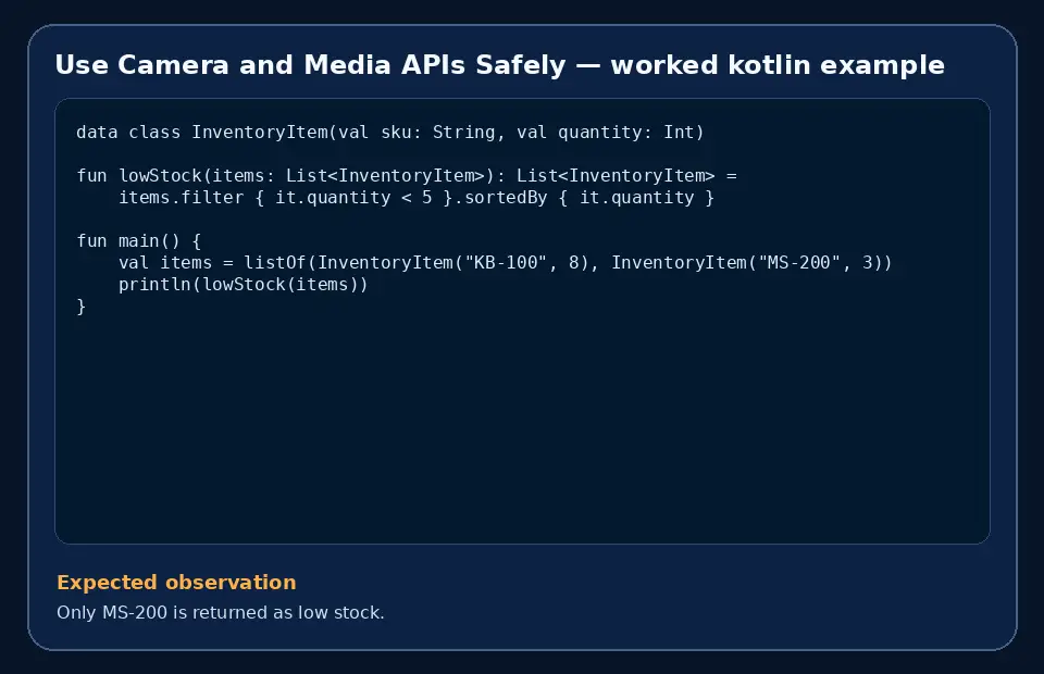 Code example for Use Camera and Media APIs Safely with the expected observation.