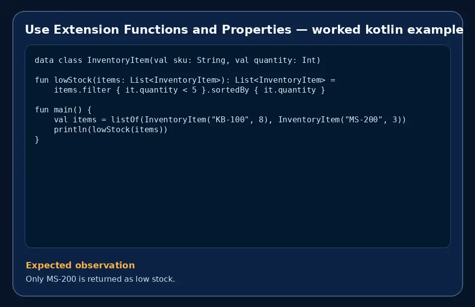 Code example for Use Extension Functions and Properties with the expected observation.