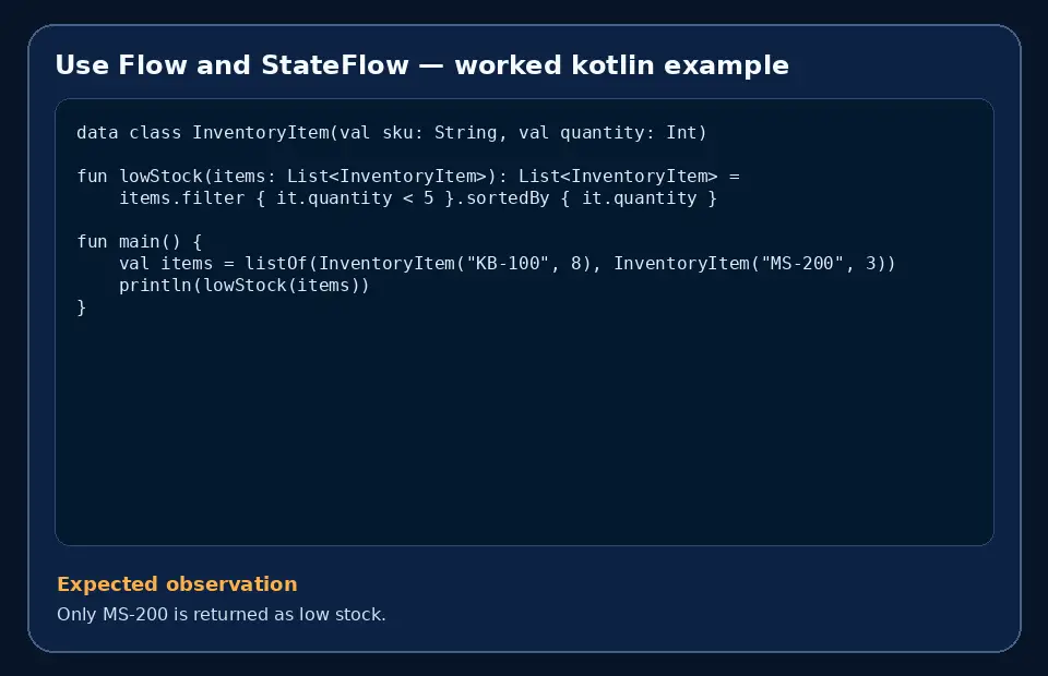 Code example for Use Flow and StateFlow with the expected observation.