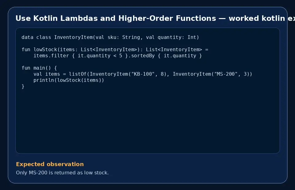 Code example for Use Kotlin Lambdas and Higher-Order Functions with the expected observation.