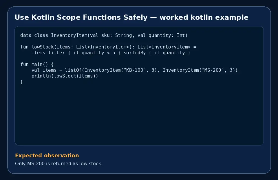 Code example for Use Kotlin Scope Functions Safely with the expected observation.