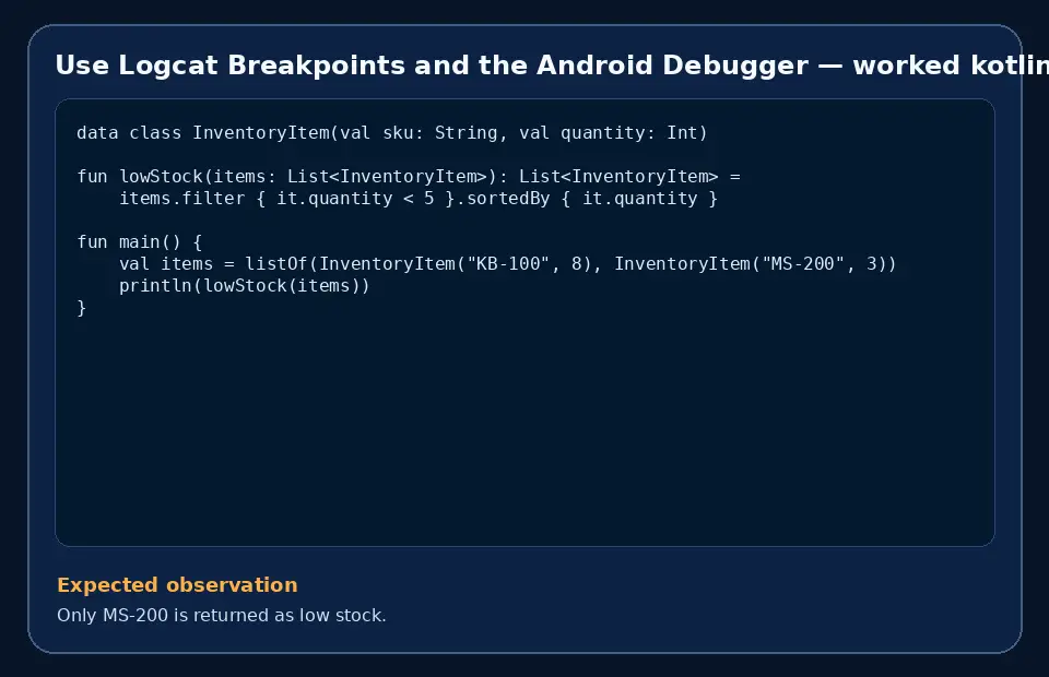 Code example for Use Logcat Breakpoints and the Android Debugger with the expected observation.