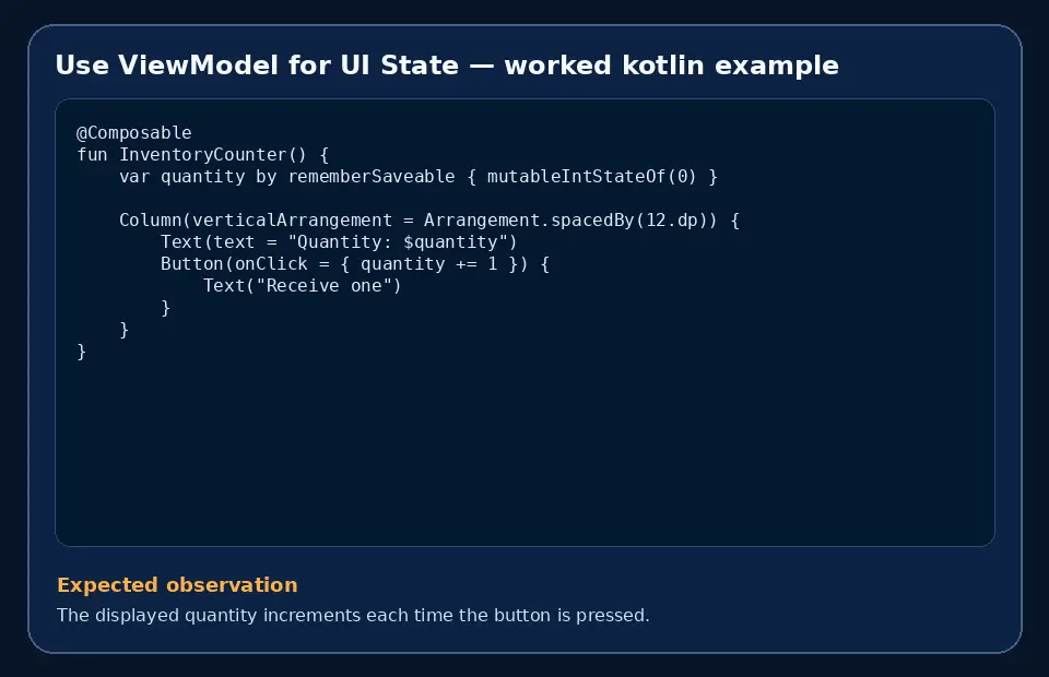 Code example for Use ViewModel for UI State with the expected observation.