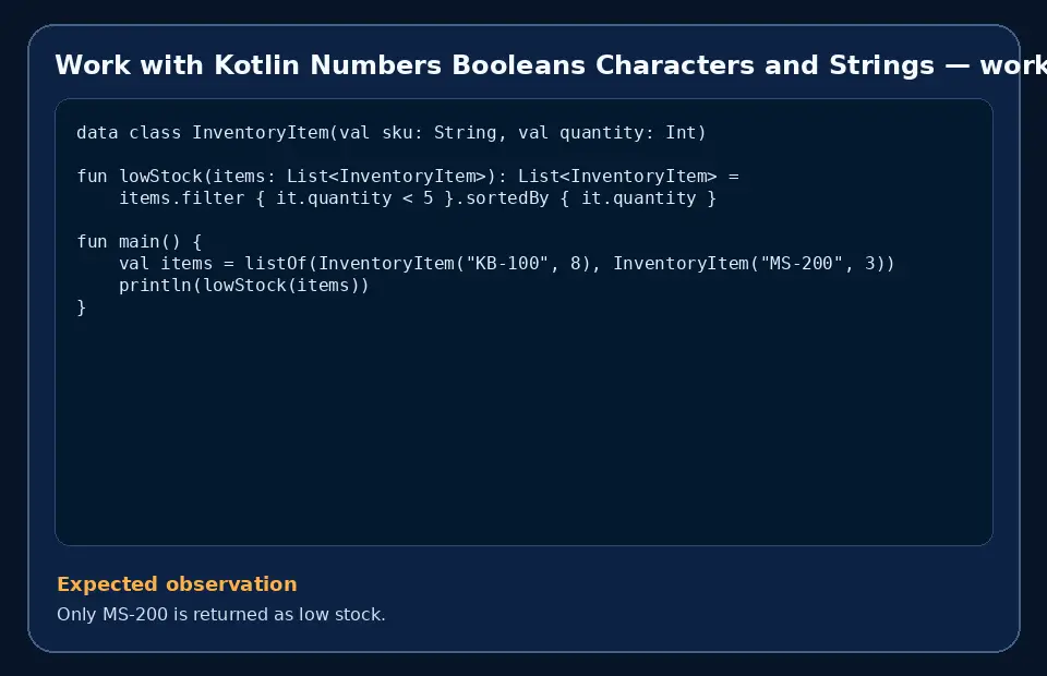 Code example for Work with Kotlin Numbers Booleans Characters and Strings with the expected observation.