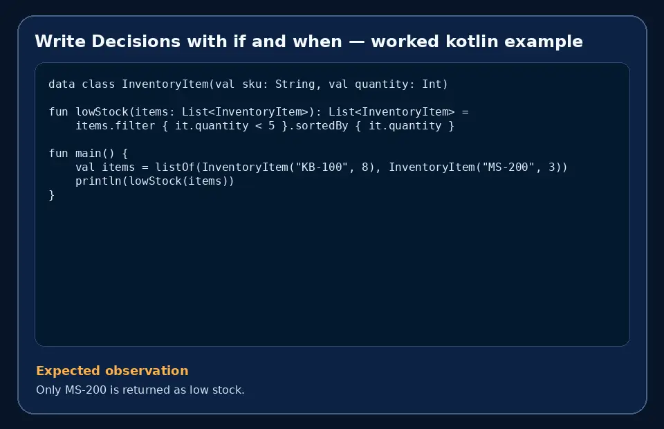 Code example for Write Decisions with if and when with the expected observation.