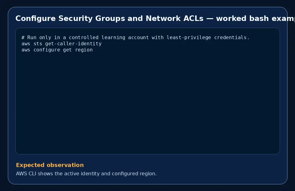 Code example for Configure Security Groups and Network ACLs with the expected observation.