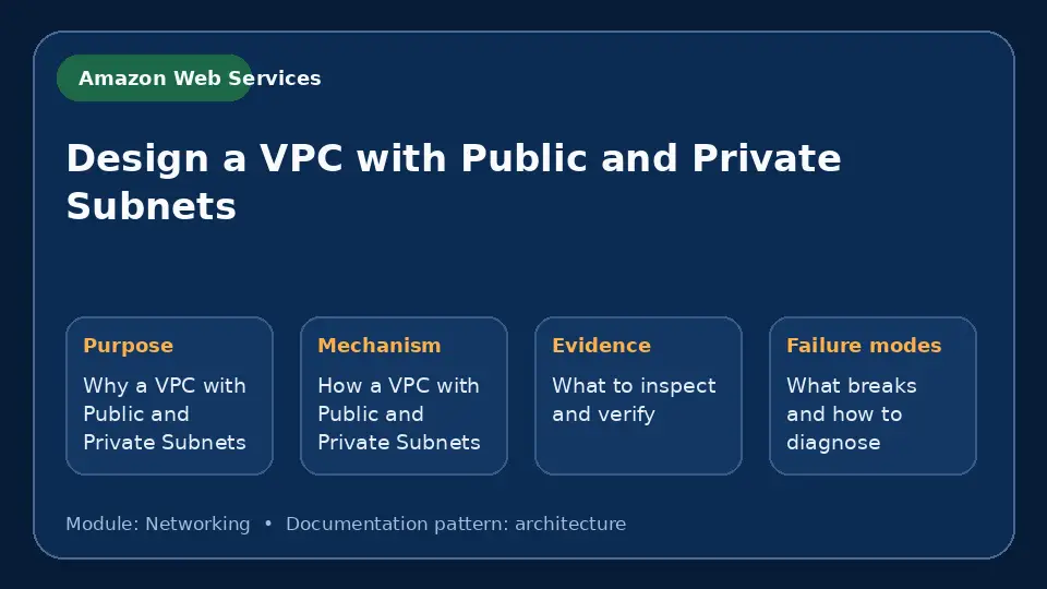Concept map for Design a VPC with Public and Private Subnets showing purpose, mechanism, verification evidence and failure modes.