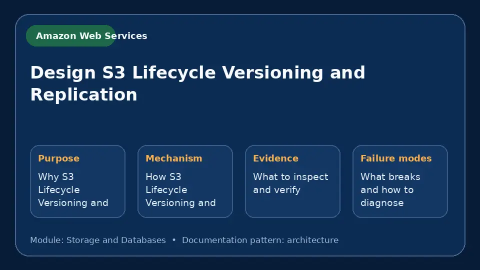 Concept map for Design S3 Lifecycle Versioning and Replication showing purpose, mechanism, verification evidence and failure modes.
