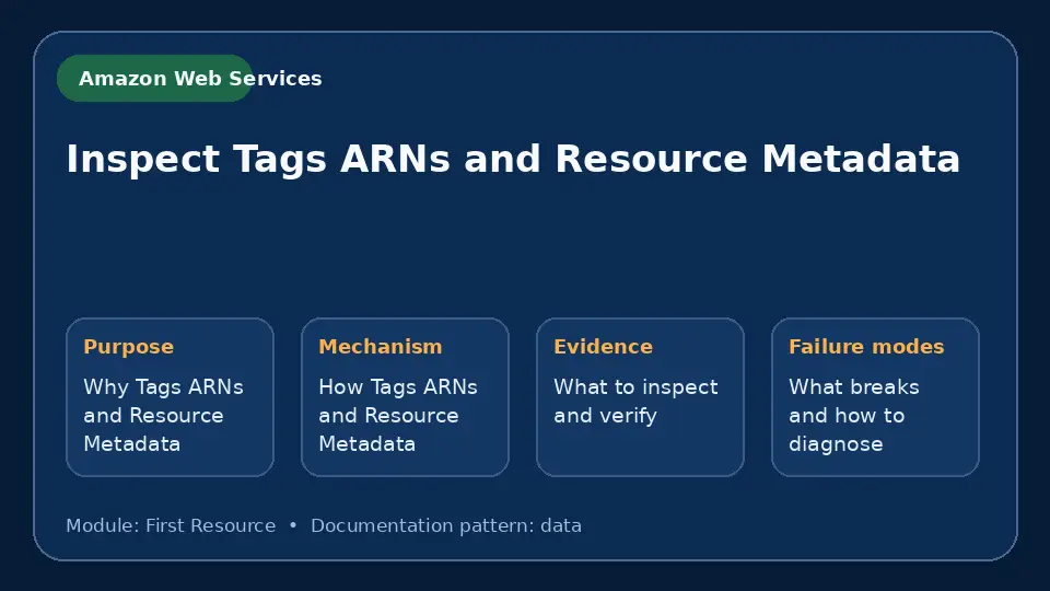 Concept map for Inspect Tags ARNs and Resource Metadata showing purpose, mechanism, verification evidence and failure modes.