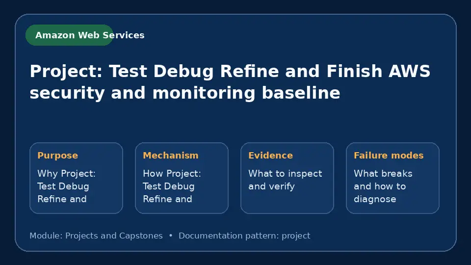 Concept map for Project: Test Debug Refine and Finish AWS security and monitoring baseline showing purpose, mechanism, verification evidence and failure modes.