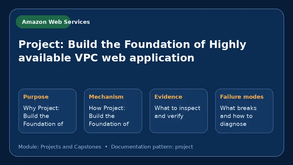 Concept map for Project: Build the Foundation of Highly available VPC web application showing purpose, mechanism, verification evidence and failure modes.