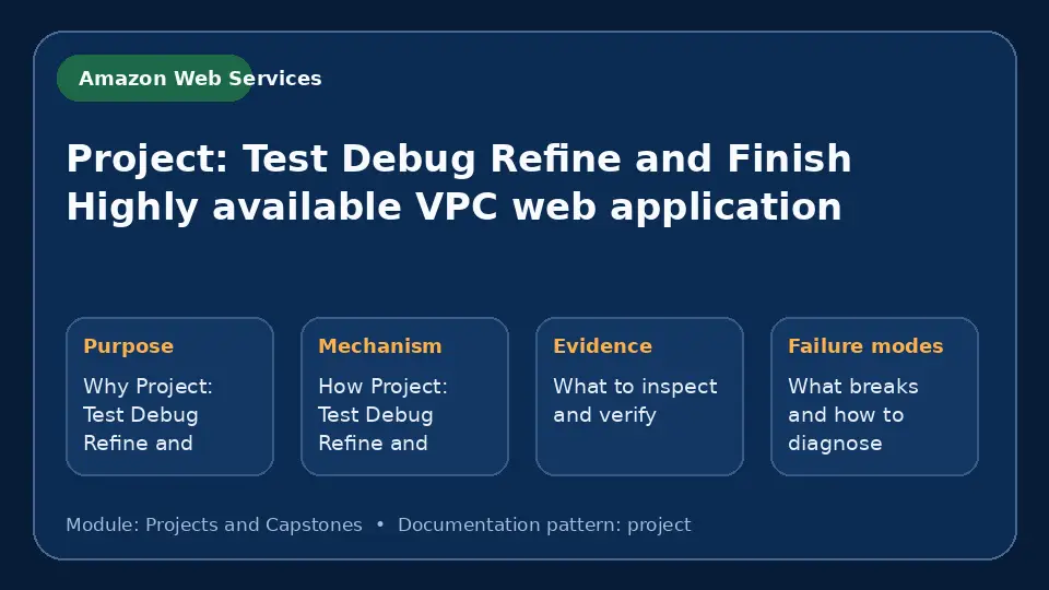 Concept map for Project: Test Debug Refine and Finish Highly available VPC web application showing purpose, mechanism, verification evidence and failure modes.