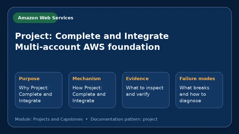Concept map for Project: Complete and Integrate Multi-account AWS foundation showing purpose, mechanism, verification evidence and failure modes.