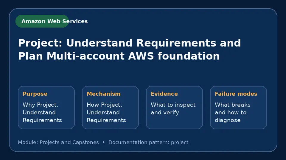Concept map for Project: Understand Requirements and Plan Multi-account AWS foundation showing purpose, mechanism, verification evidence and failure modes.