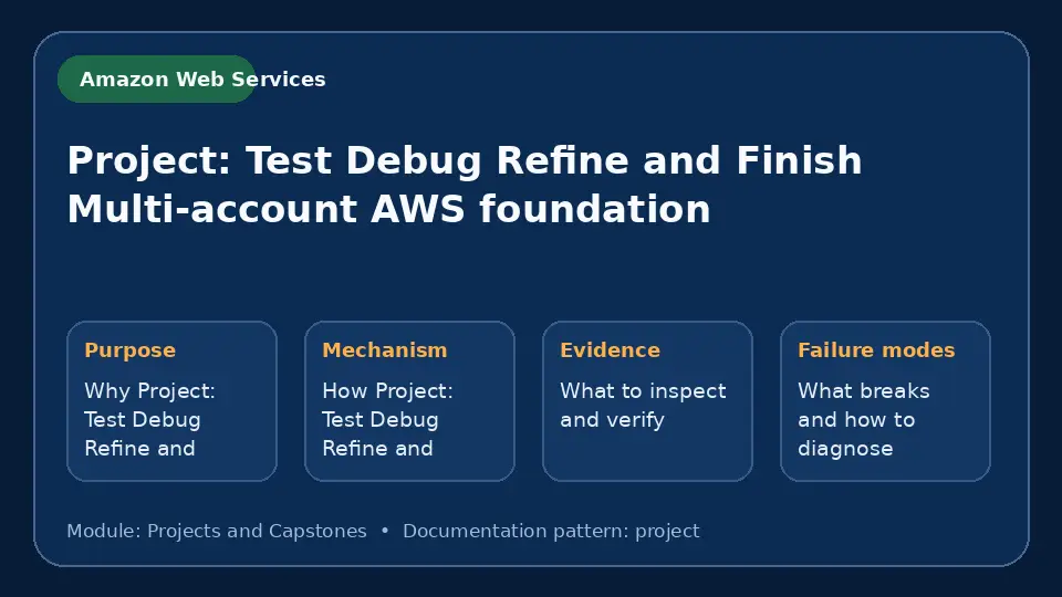 Concept map for Project: Test Debug Refine and Finish Multi-account AWS foundation showing purpose, mechanism, verification evidence and failure modes.
