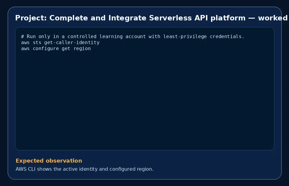 Code example for Project: Complete and Integrate Serverless API platform with the expected observation.