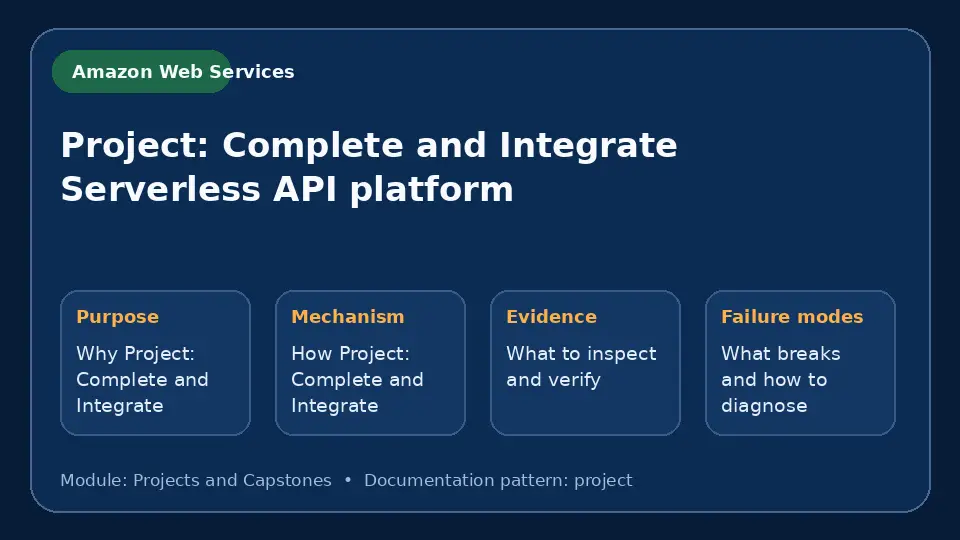 Concept map for Project: Complete and Integrate Serverless API platform showing purpose, mechanism, verification evidence and failure modes.
