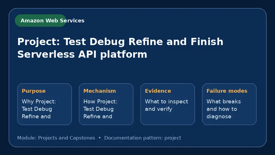 Concept map for Project: Test Debug Refine and Finish Serverless API platform showing purpose, mechanism, verification evidence and failure modes.