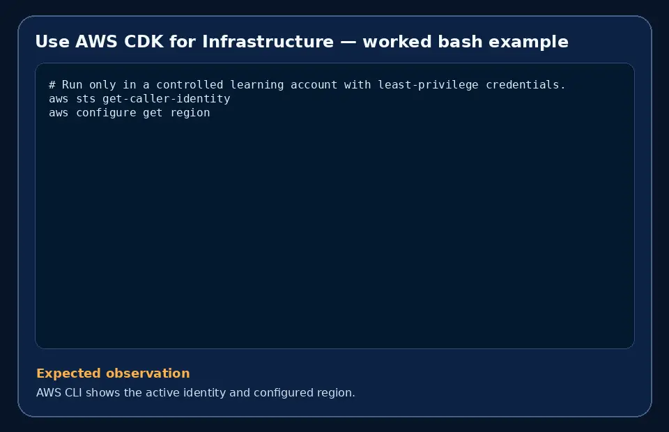 Code example for Use AWS CDK for Infrastructure with the expected observation.